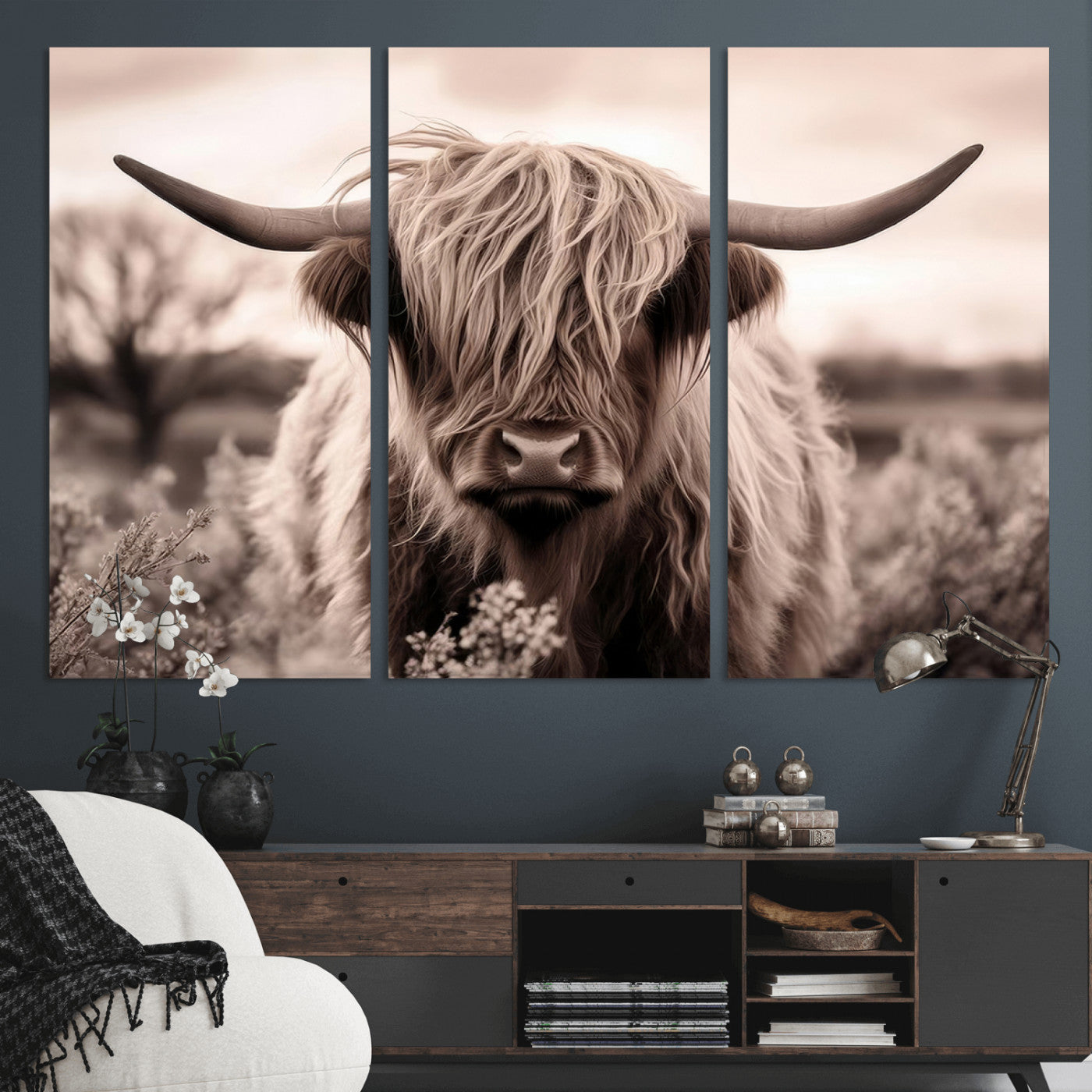 MGV-CV-48X32-3P - Scottish Cow Longhorn Wall Art Canvas Print