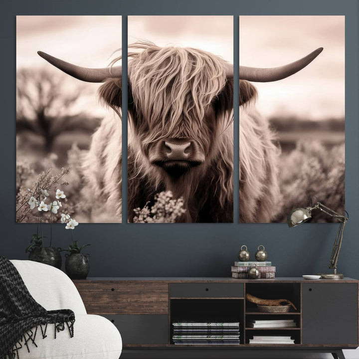 The Scottish Cow Longhorn Wall Art Canvas Print adds charm to the kitchen.