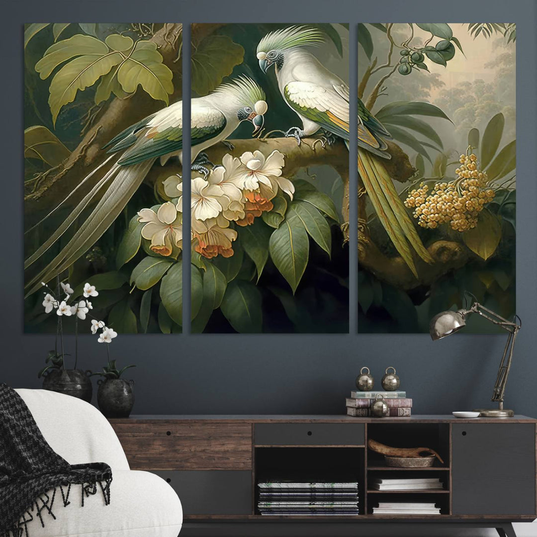 The Tropical Paradise Wall Art features a parrot in a lush forest.