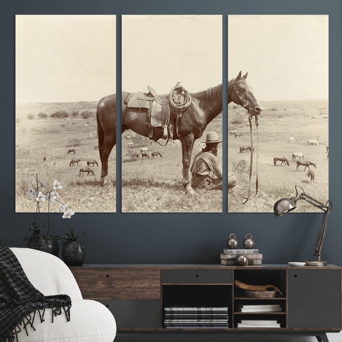 MGV-CV-48X32-3P - Cowboy Wall Art - Western Horse Canvas Print - Vintage Western Wall Art Canvas Print, Ready to Hang