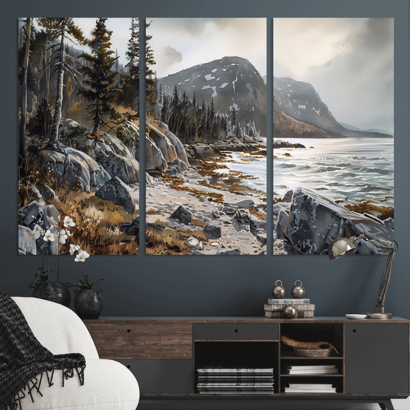 -Serene Coastal View of Acadia National Park - Stunning 3-Panel Wall Art Canvas Print, Framed, Ready