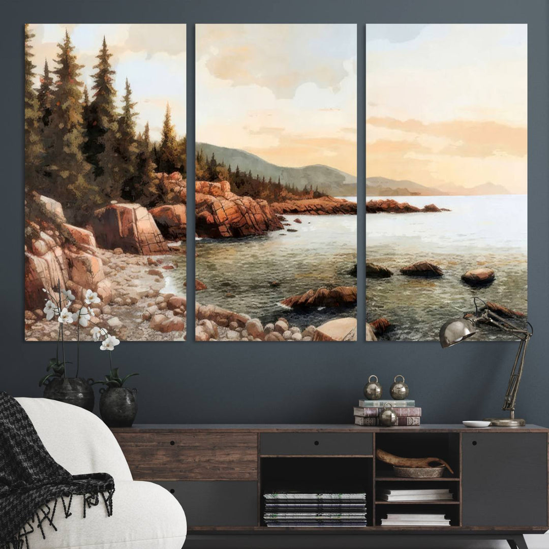 The Serene Coastal View of Acadia National Park 3-panel canvas, framed and ready to hang, adorns the wall.