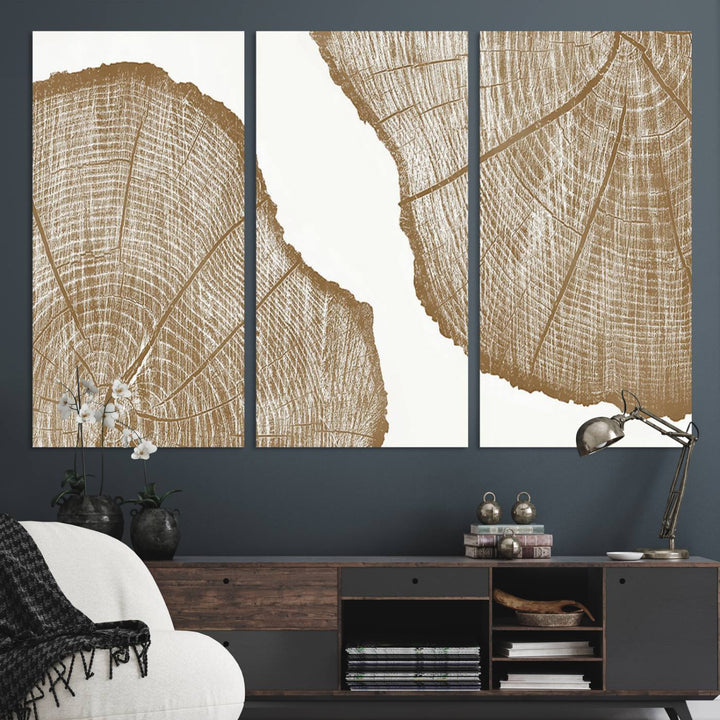 The rustic wall art features two large tree rings, beautifully framed and displayed to create a nature-inspired décor.