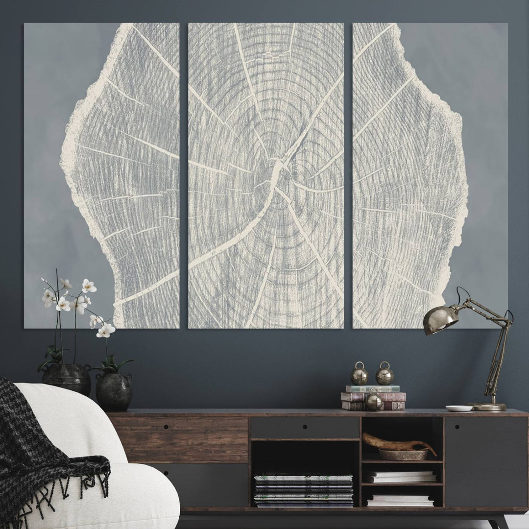 A gray wall displays the Abstract Tree Ring Wall Art print.