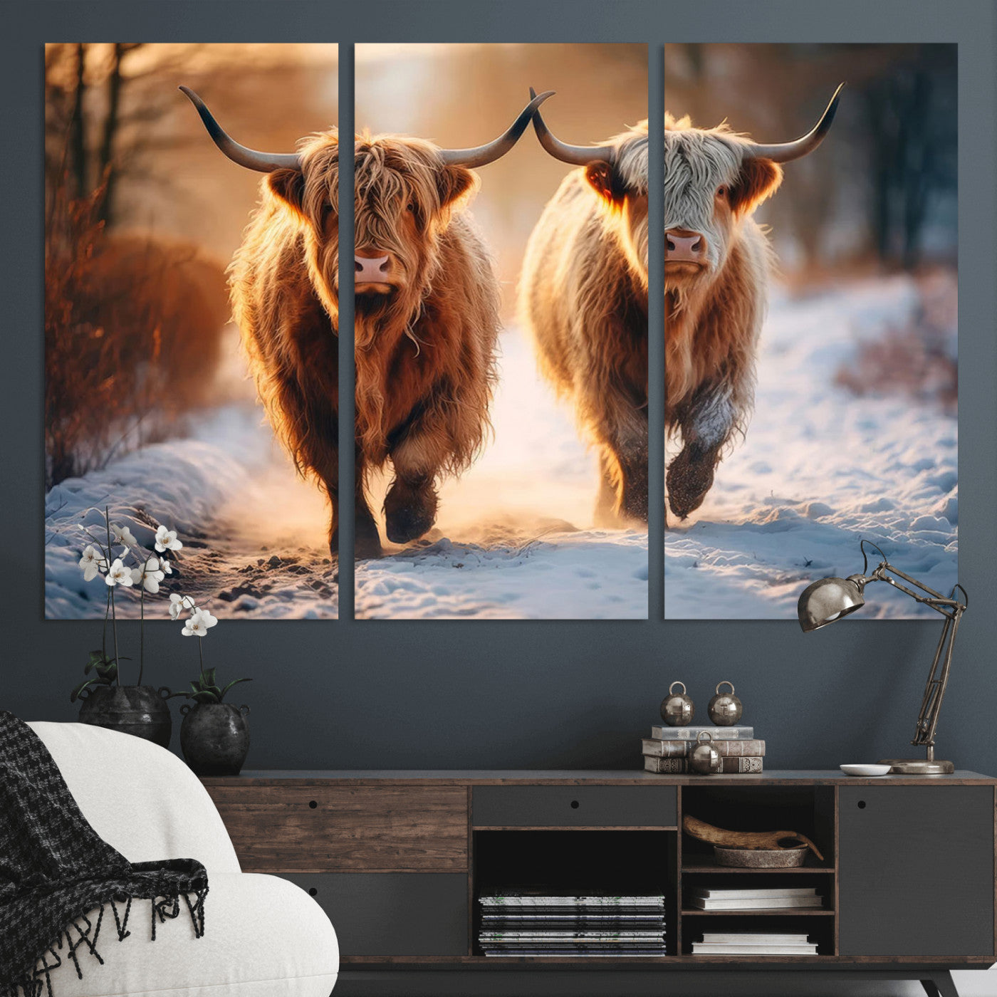 MGV-CV-48X32-3P - Scottish Highland Cow Horn Farm Wall Art Canvas Print