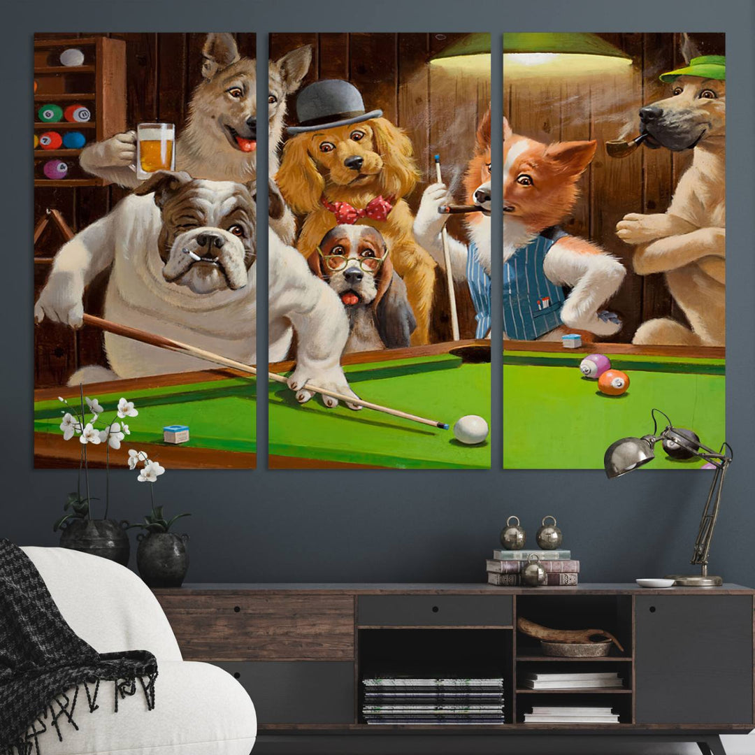 Dogs Playing Pool Canvas Wall Art: This artwork depicts a room where dogs are engaged in a game of pool. One dog is poised to cue while others observe the scene.