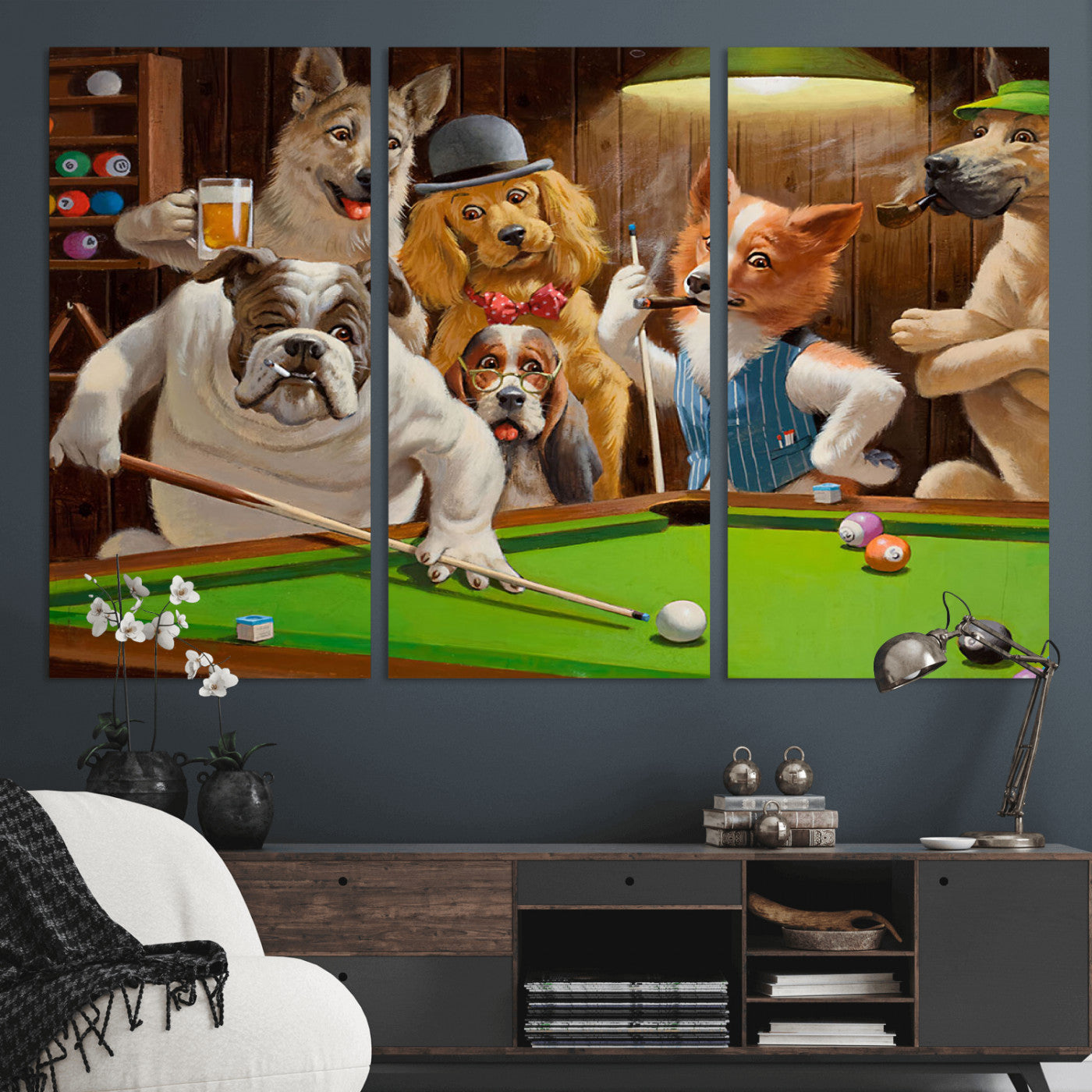 MGV-CV-48X32-3P - Dogs Playing Pool Canvas Wall Art Funny Gifts Dog Print