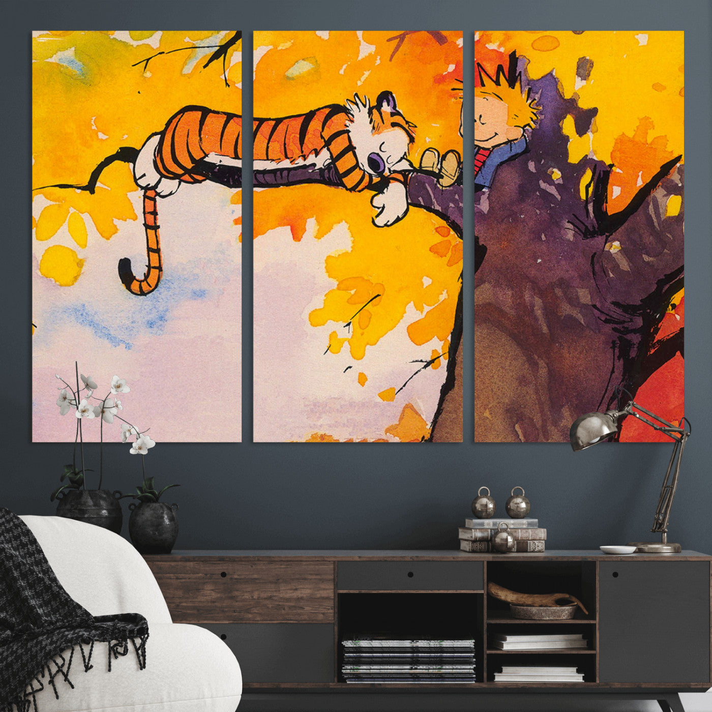 MGV-CV-48X32-3P - Calvin and Hobbes Tree Scene Canvas Print | 3 Panel Large Wall Art for Living Room or Kid’s Room,