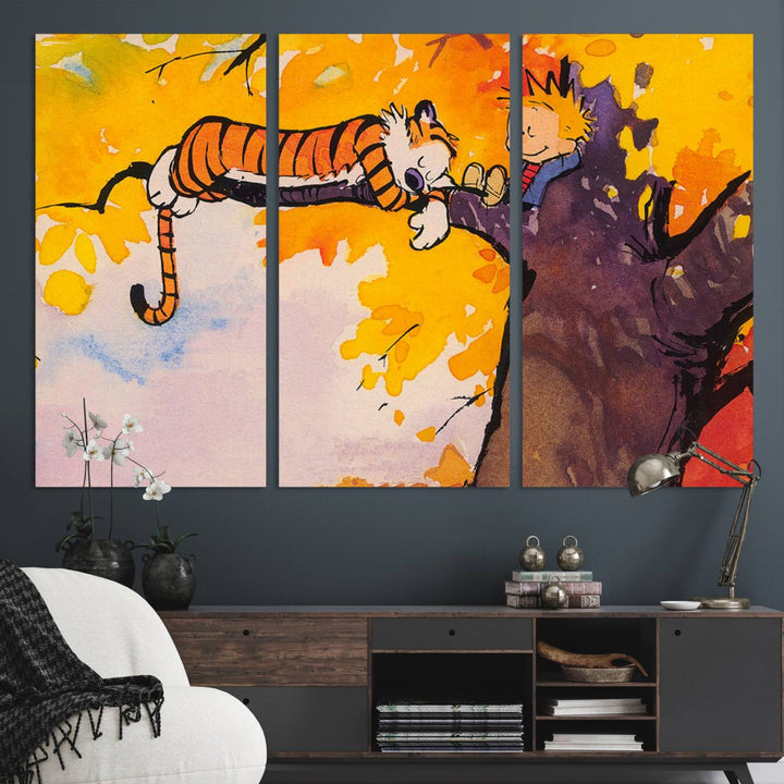 Premium canvas Calvin Wall Arts featuring a boy and tiger relaxing on a branch.