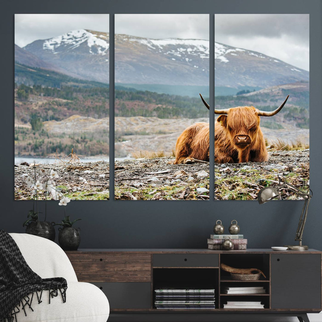 Highland Cow Horn Farm Wall Art Canvas Print is displayed against a wooden wall featuring a mountainous backdrop.