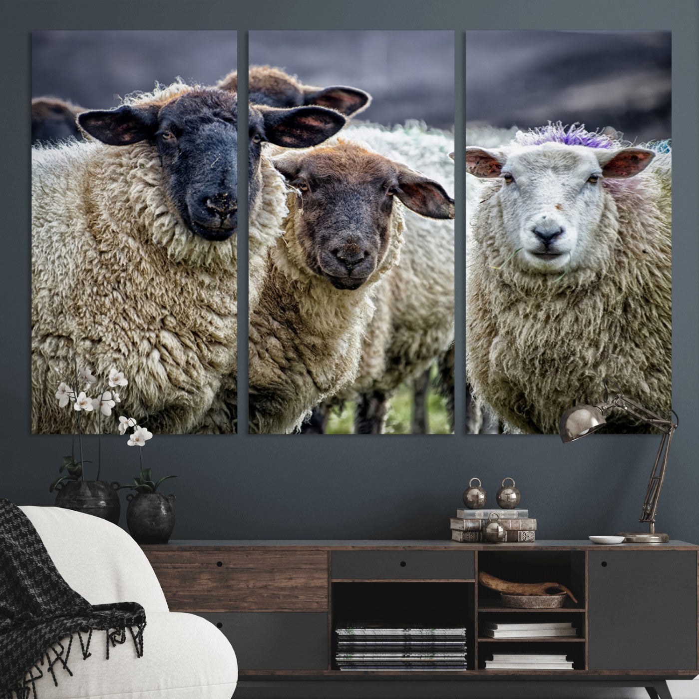 18418-MGV-CV-48X32-3P-Charming Sheep Portrait Wall Art – Trio of Woolly Companions Canvas Print, Framed, Ready to Hang