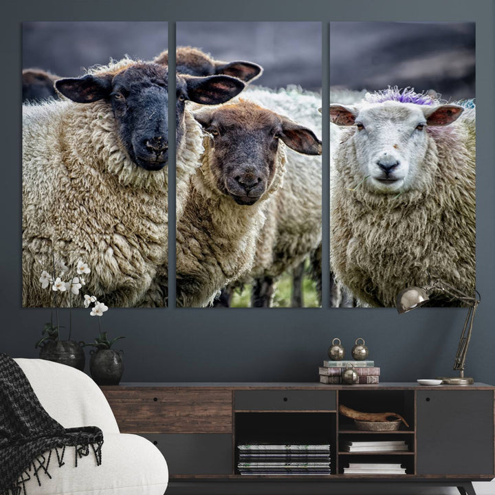 The Charming Sheep Portrait Wall Art hangs on a wooden wall.