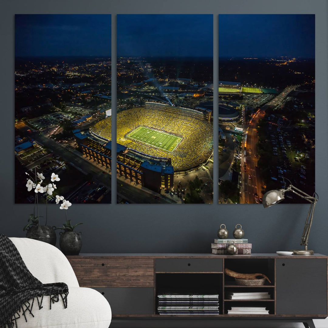 Aerial view of Michigan Stadium nightlife on canvas – Framed, ready-to-hang sports arena wall art.