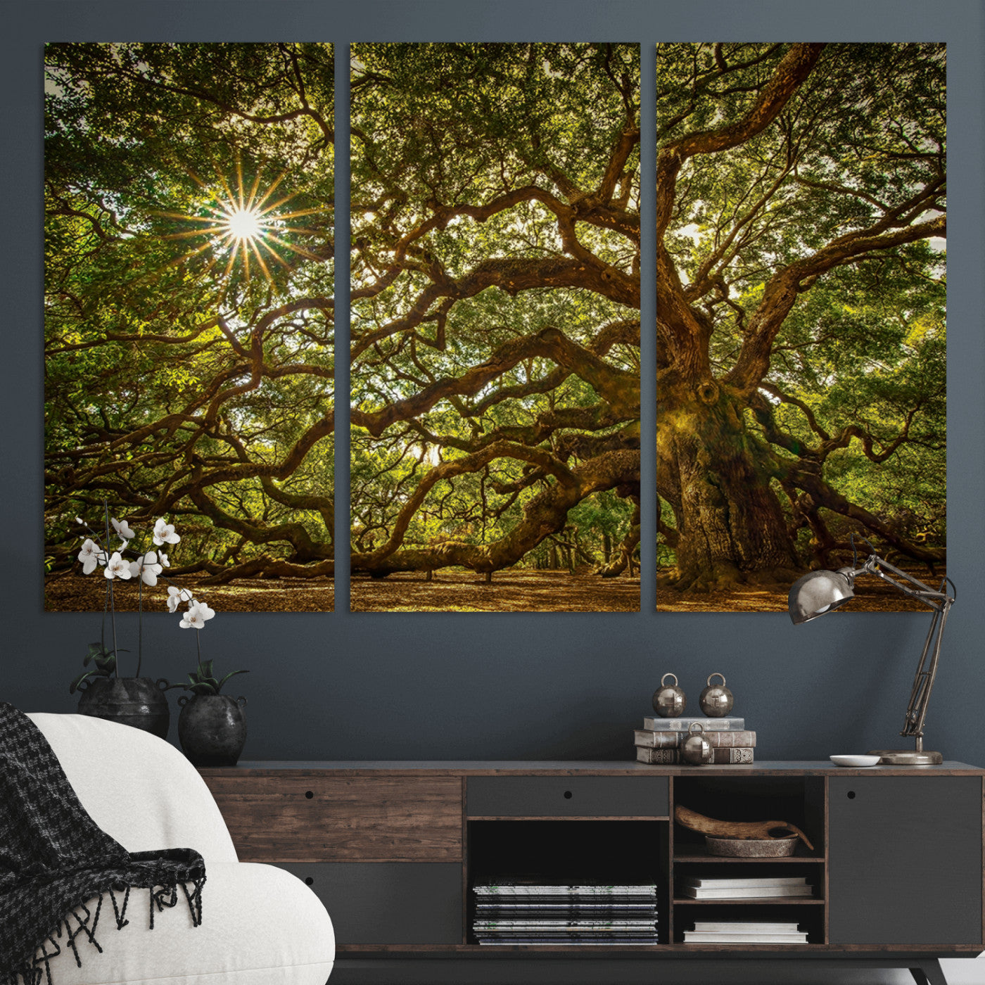MGV-CV-48X32-3P - Ancient Angel Oak Tree Art Sunburst Canvas Print- Nature-Inspired Triptych Canvas Print, Framed, Ready to Hang
