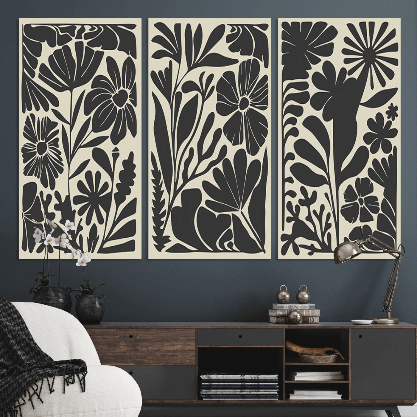 MGV-CV-48X32-3P - Modern Botanical Wall Art - Floral Black and White Canvas Print, Framed, Ready to Hang