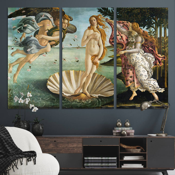 A canvas print of Botticellis The Birth of Venus is displayed on the wall.