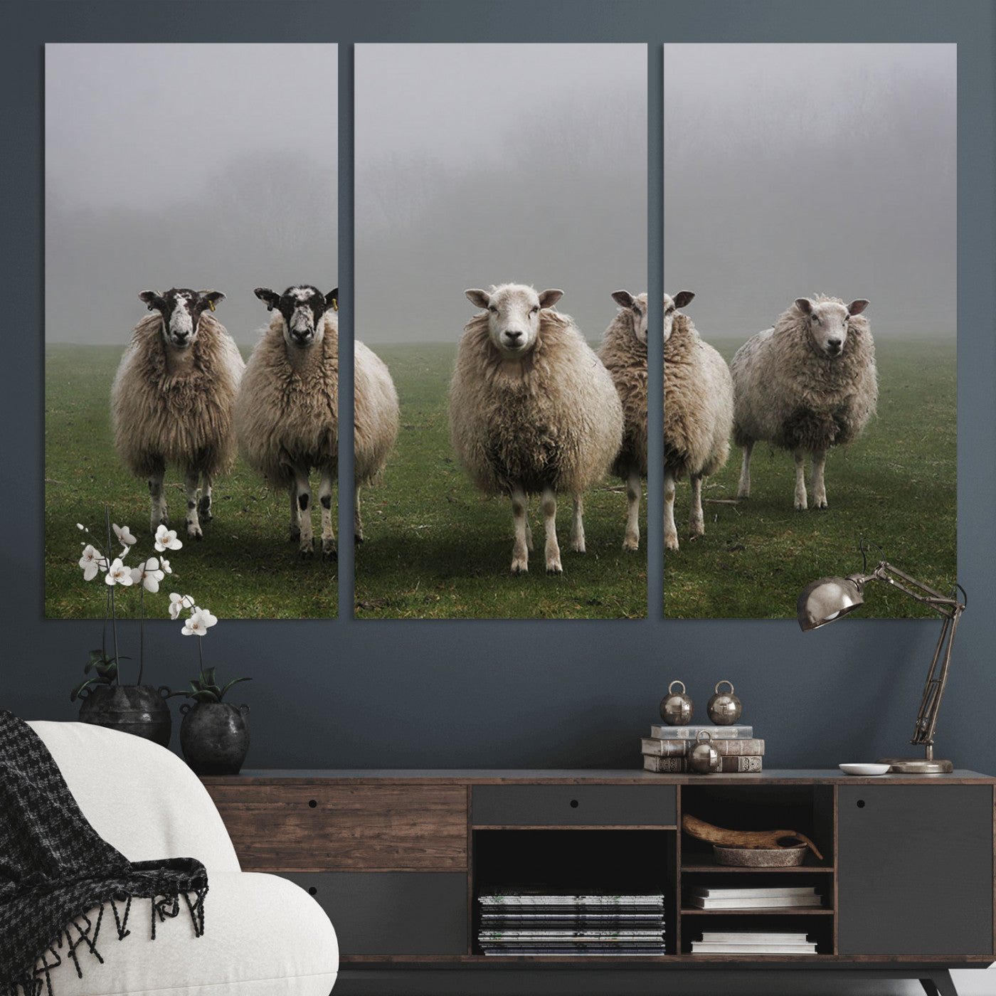 -Flock of Sheep in a Mystical Fog – Pastoral Wall Art Canvas Print, Framed, Ready to Hang
