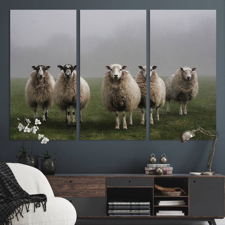 The Flock of Sheep in a Mystical Fog canvas print is framed and ready to hang.