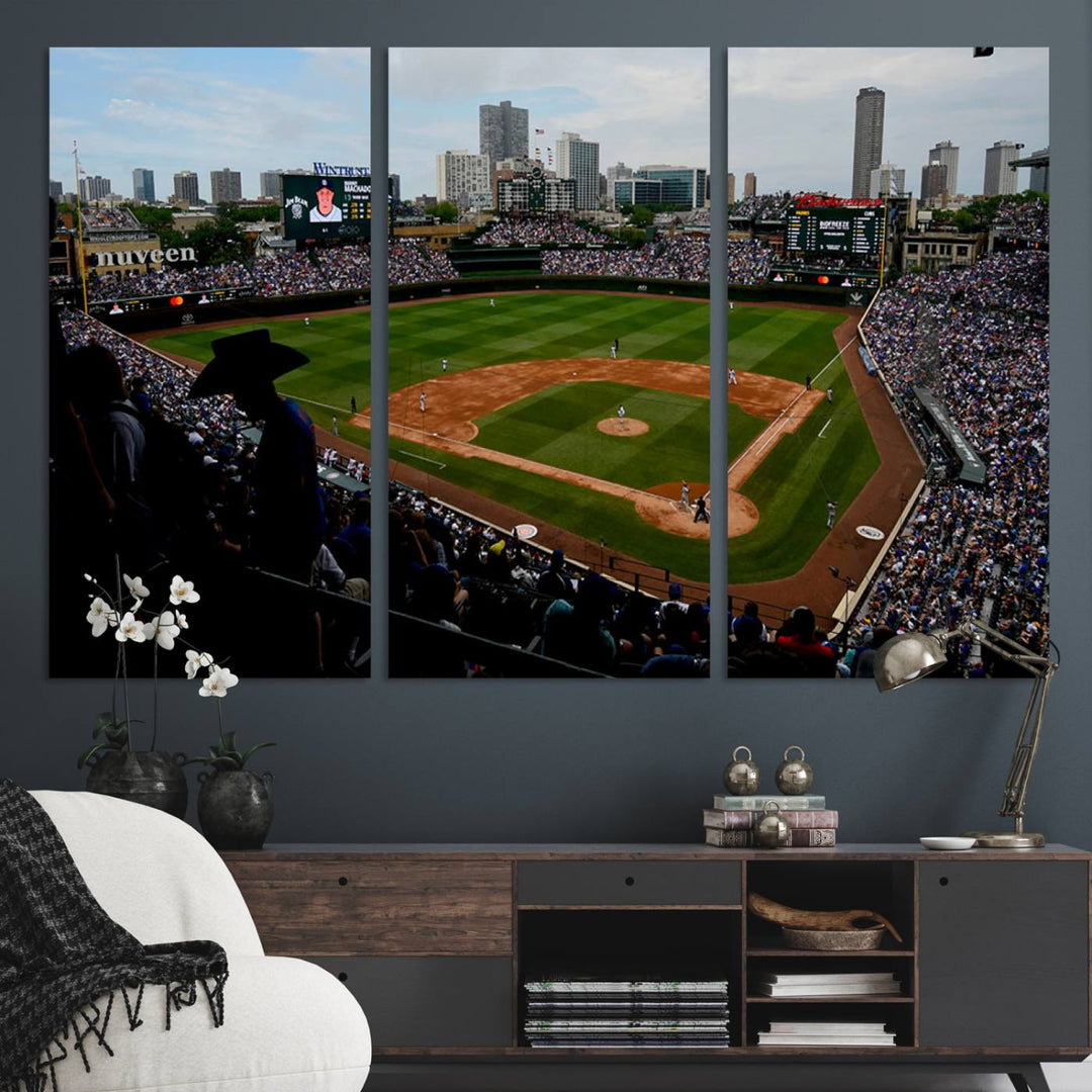 Admire this museum-quality canvas print of a Chicago Cubs game with a cityscape view from the stands at Wrigley Field.