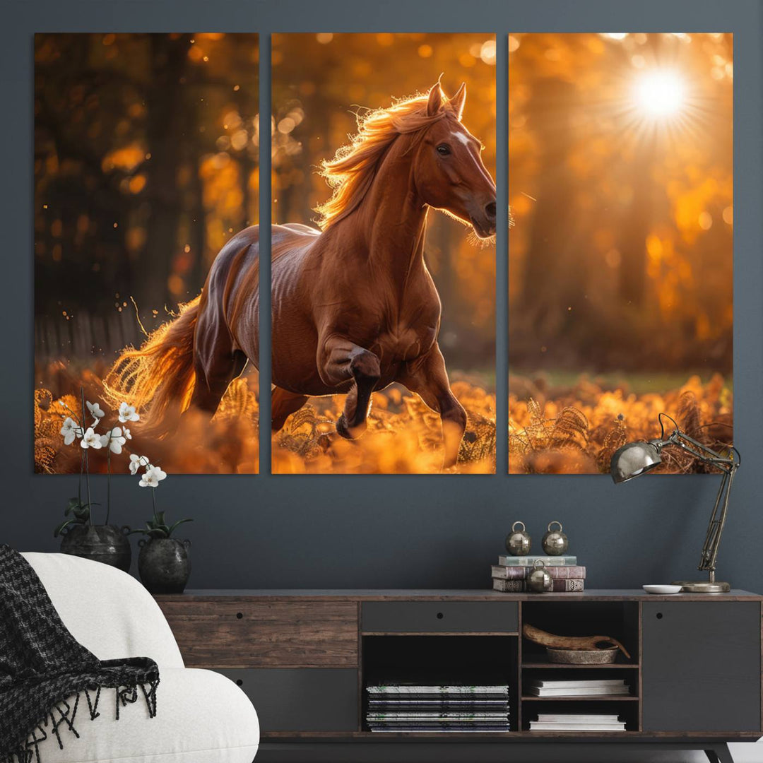 The Running Horse Sunset Forest Wall Art Canvas Print showcases a gallop in an autumn forest with sunlight streaming through the trees.