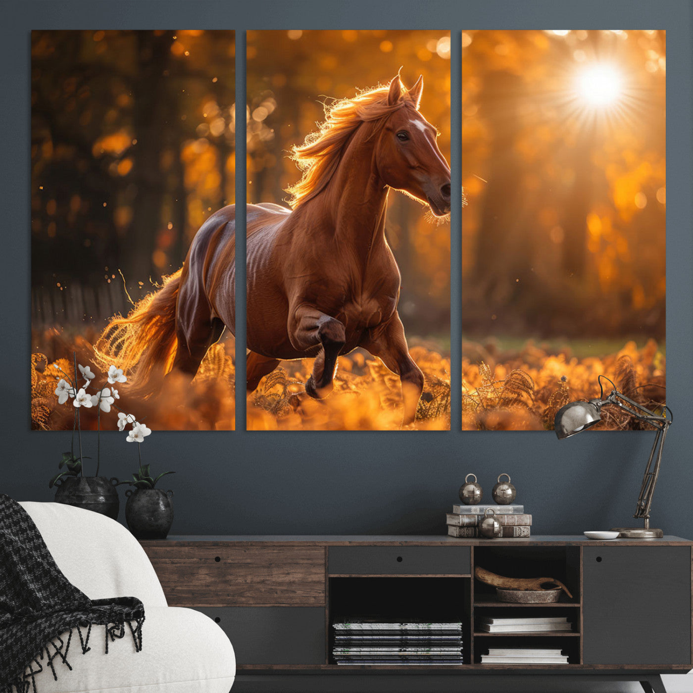 -Running Horse Sunset Forest Wall Art Canvas Print