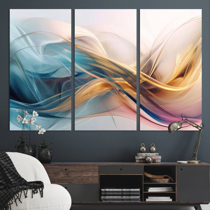 Abstract Flowing Colors Wall Art featuring blue, gold, and pink adds modern elegance to the space.