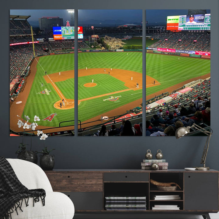 The Angel Stadium Aerial View canvas print of an Angels baseball game is showcased.