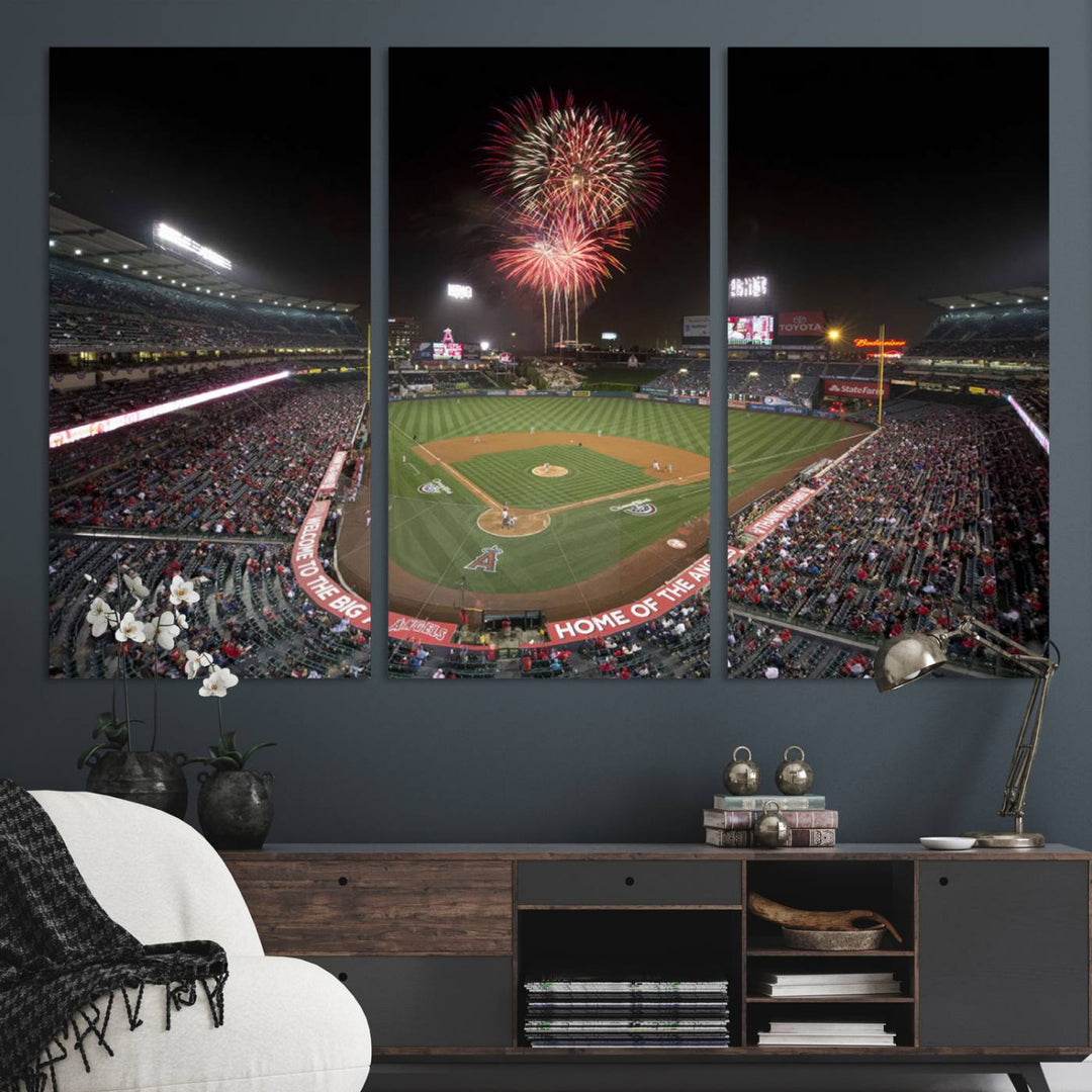 Fireworks at Angel Stadium – LA Angels Night Game Canvas Print, framed and ready to hang.