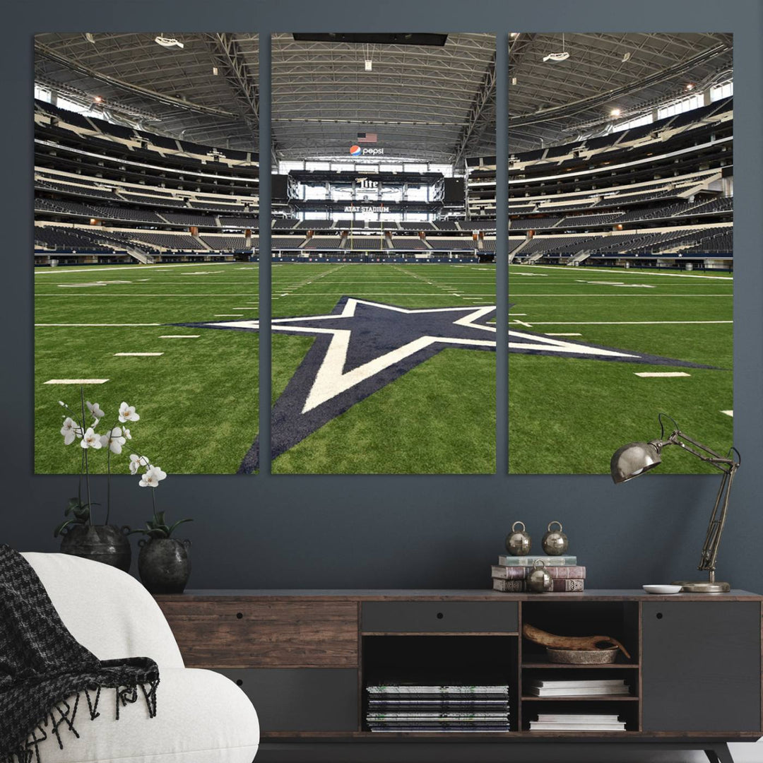 AT&T Stadium Dallas Cowboys Canvas Print displayed above a dining table.