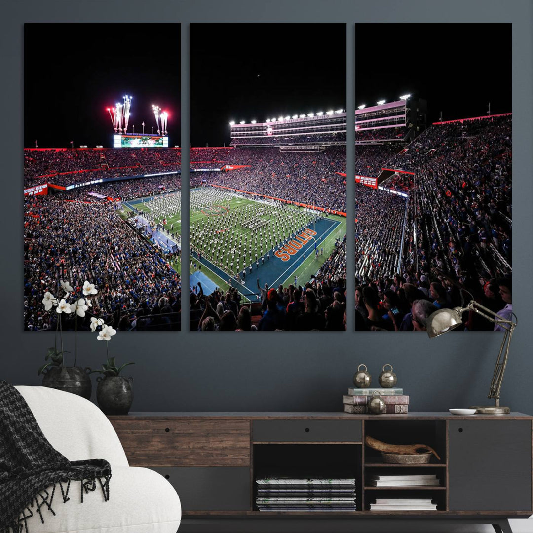 The Gators Night Game Canvas Art captures a lively night at Ben Hill Griffin Stadium with vibrant fireworks and the energy of a live band.