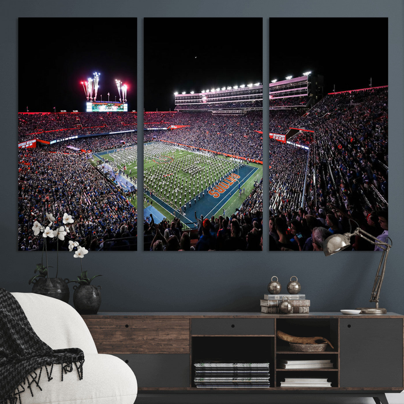 MGV-CV-48X32-3P - Ben Hill Griffin Stadium Night Game Triple Canvas Wall Art - Florida Gators Football Match