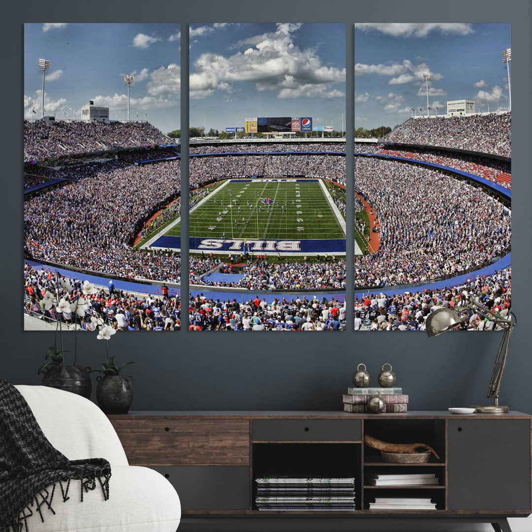 Our Buffalo Bills Game Day Canvas captures a vibrant scene at Highmark Stadium, with a lively crowd under a partly cloudy sky.