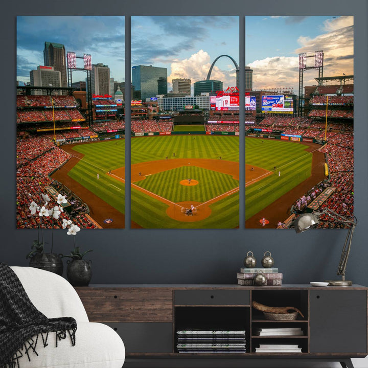 A Busch Stadium canvas print featuring a cityscape, ideal for enhancing living room or man cave sports decor.