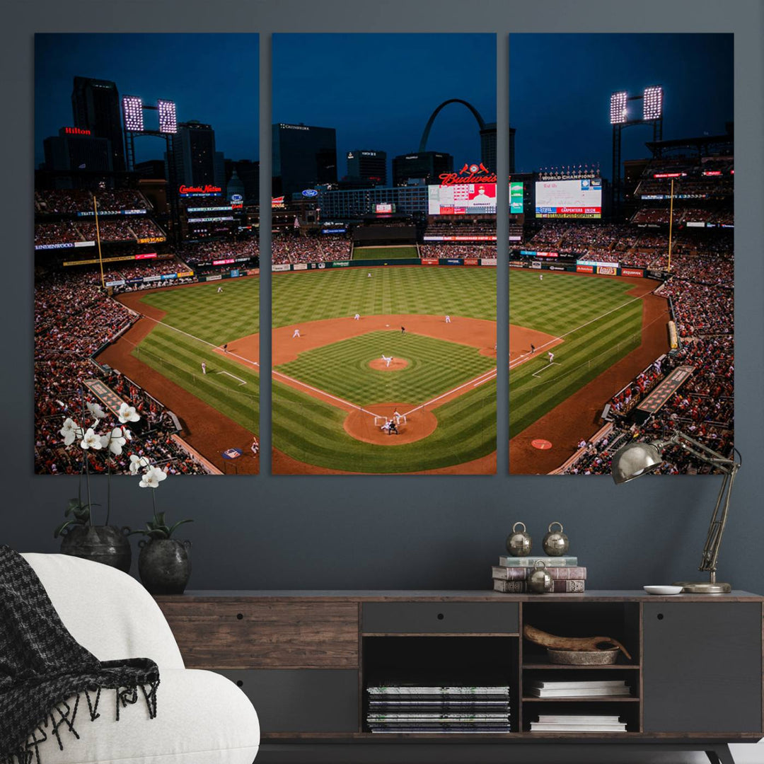 A St. Louis Cardinals Baseball Team print of Busch Stadium at night adorns the wall.