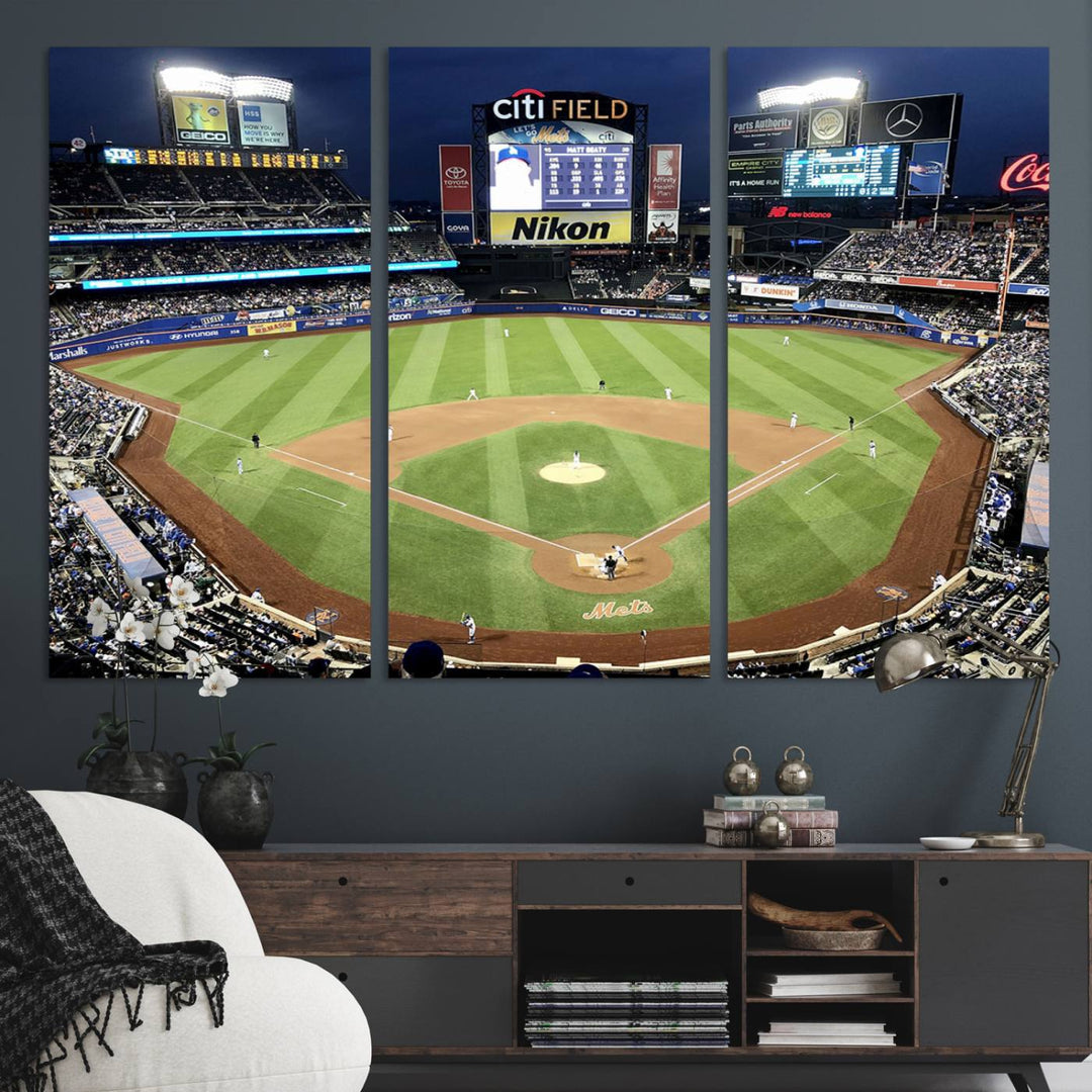 The wall is adorned with a 3-panel Citi Field Wall Art Print, framed for sports-themed decor.