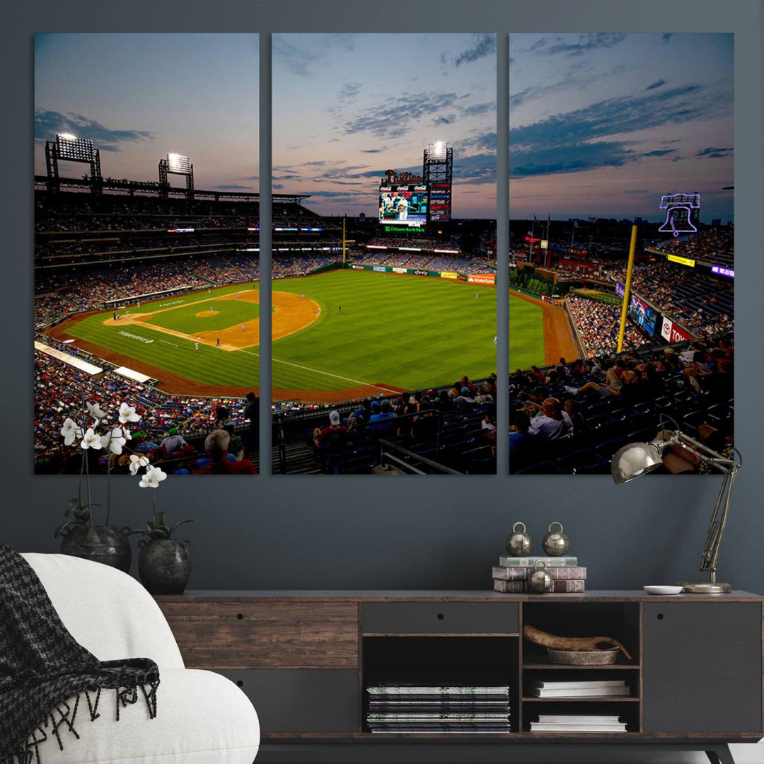 A wall art piece depicting the Philadelphia Phillies Citizens Bank Park Stadium at dusk.