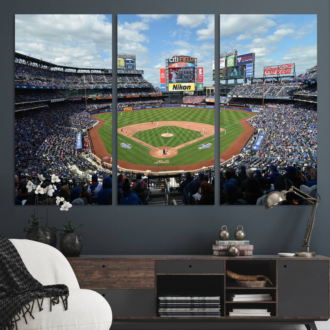 A wall art piece featuring a New York Mets Baseball Team print of Citi Field during a thrilling game under a blue sky.