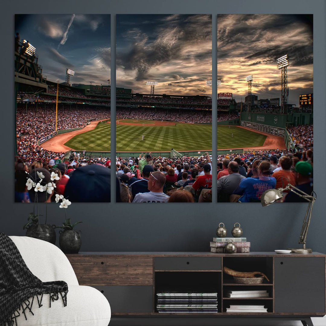 Boston Red Sox canvas print of Fenway Park at sunset, ideal for sports fans.