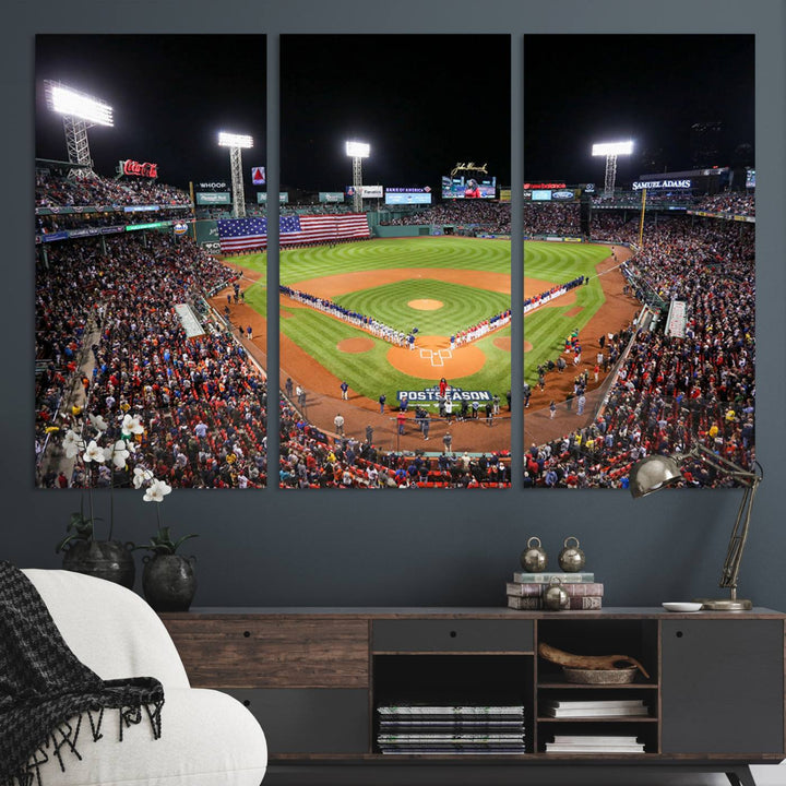 The Fenway Park Wall Art Canvas Print showcases a stunning aerial view of Bostons iconic ballpark at night, making it an ideal piece for any Red Sox enthusiast.