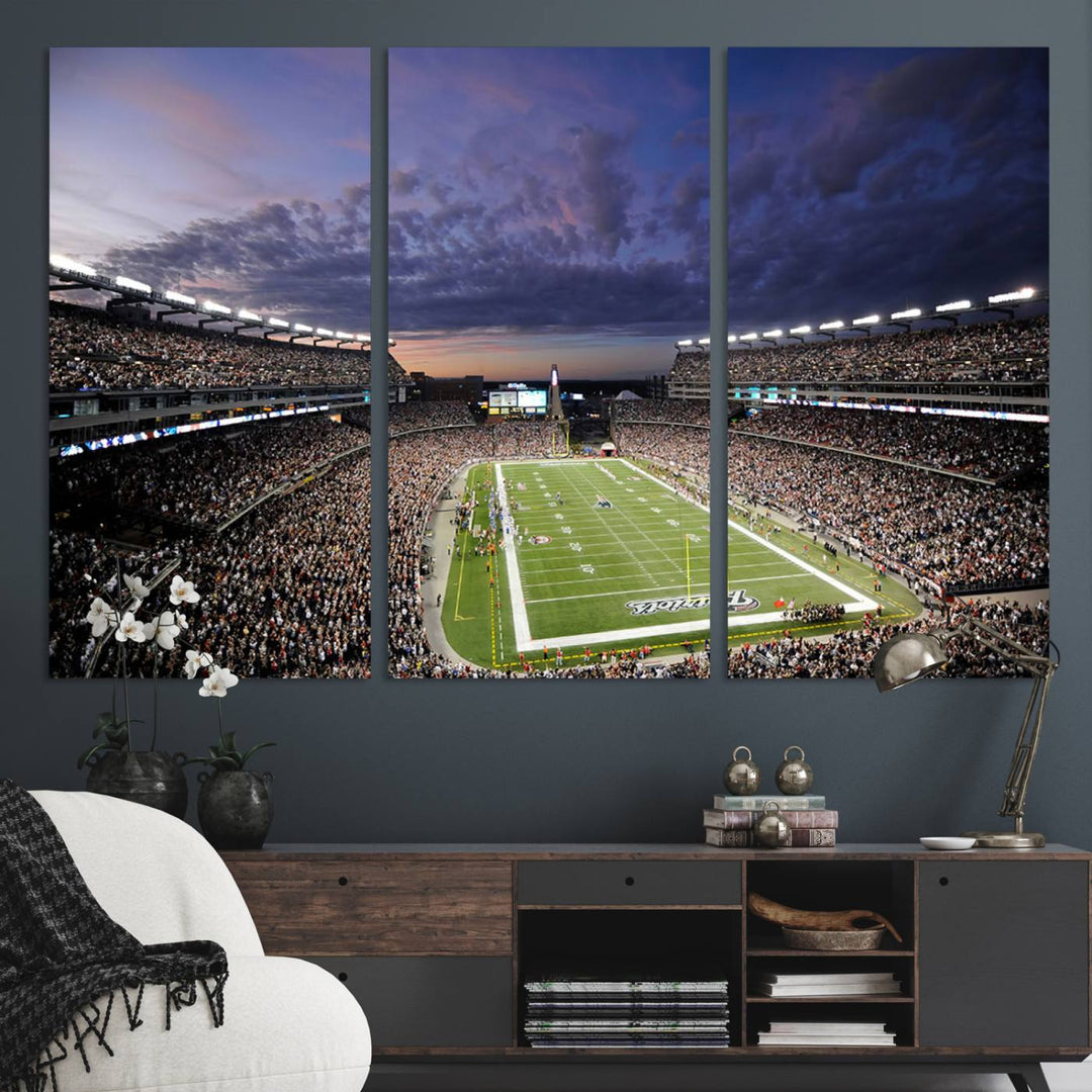 A large New England Patriots Foxborough Gillette Stadium wall art canvas print at sunset.