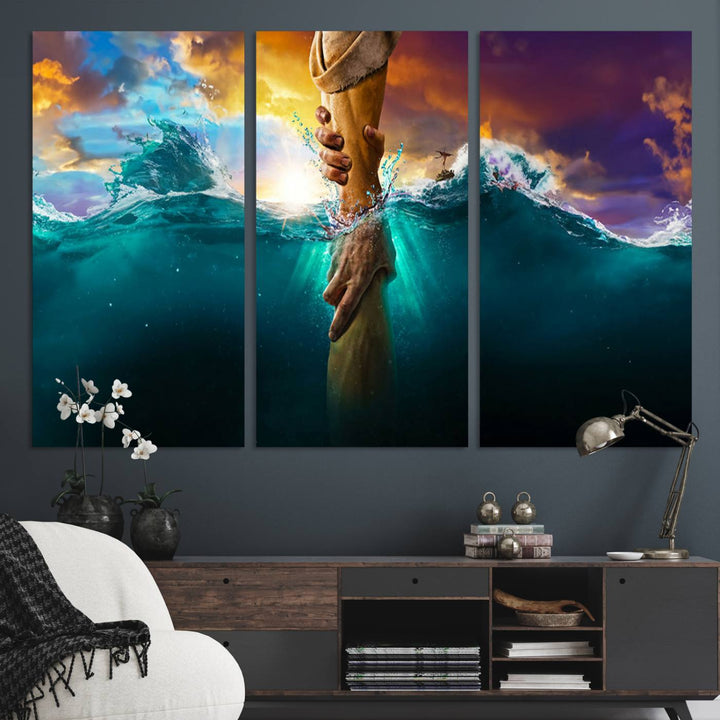 The God Hand Wall Art Canvas Print depicts hands reaching through water against a vibrant sky.