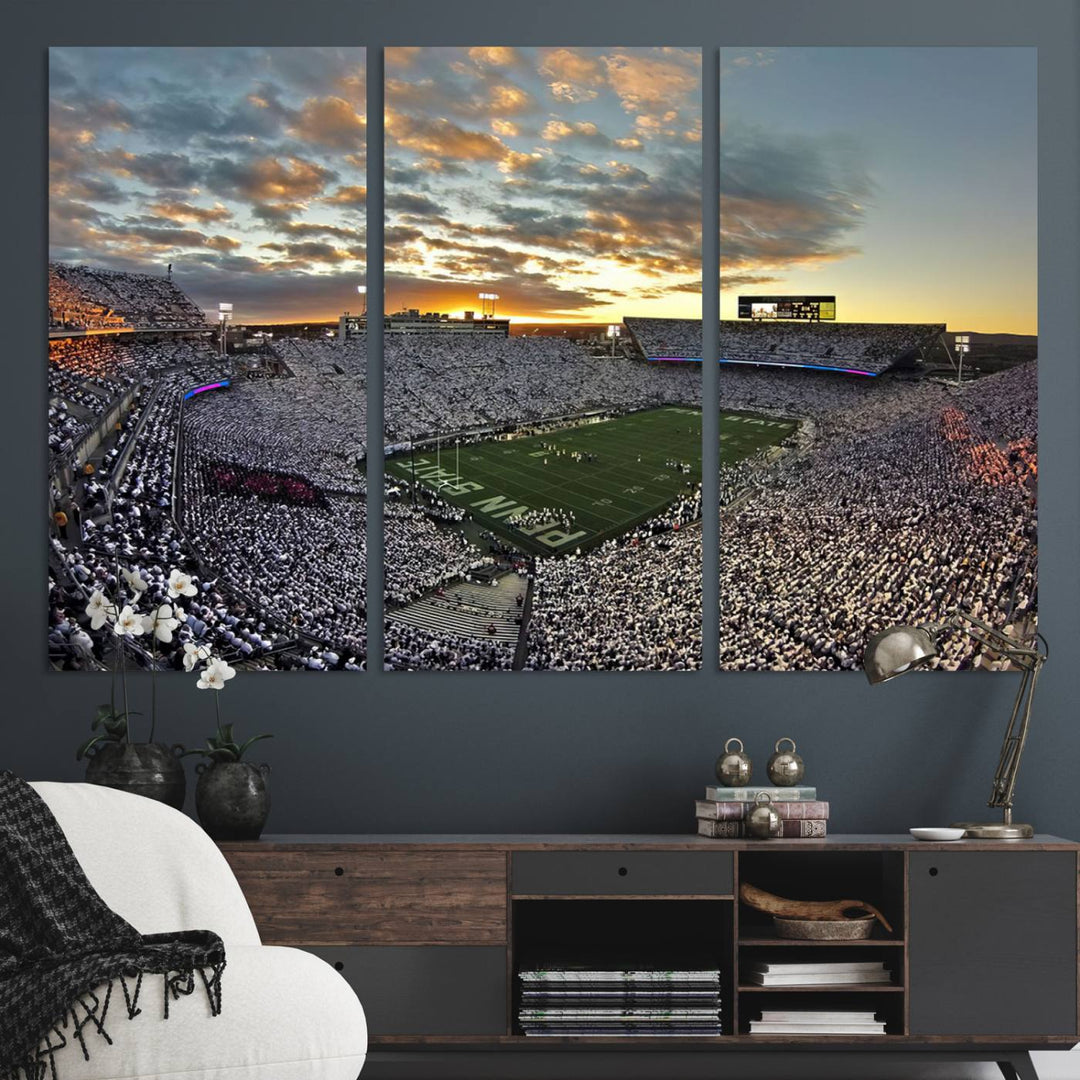 Enhance your dining area with team spirit by mounting the Beaver Stadium Wall Art, capturing sunsets in elegant style.