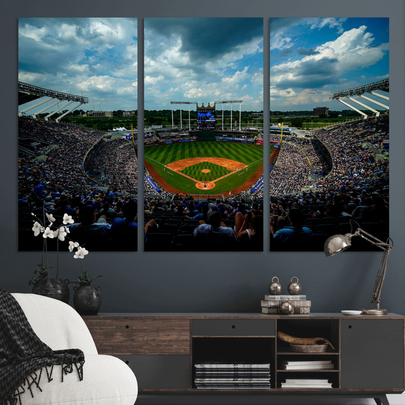 MGV-CV-48X32-3P - 3-Panel Kauffman Stadium Wall Art Print | Large Kansas City Royals Baseball Canvas Print for Sports