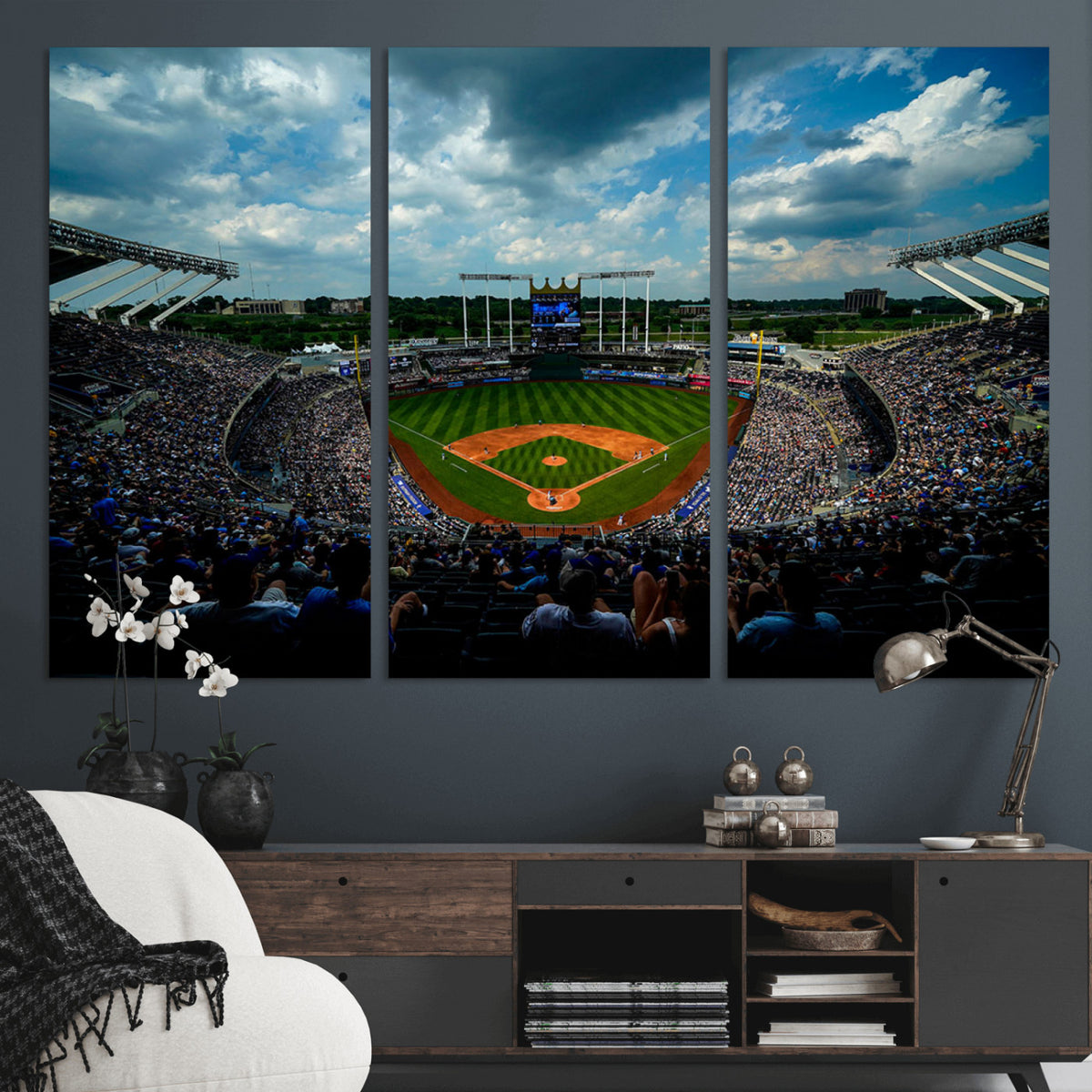 37127-MGV-CV-36X24 - 3-Panel Kauffman Stadium Wall Art Print | Large Kansas City Royals Baseball Canvas
