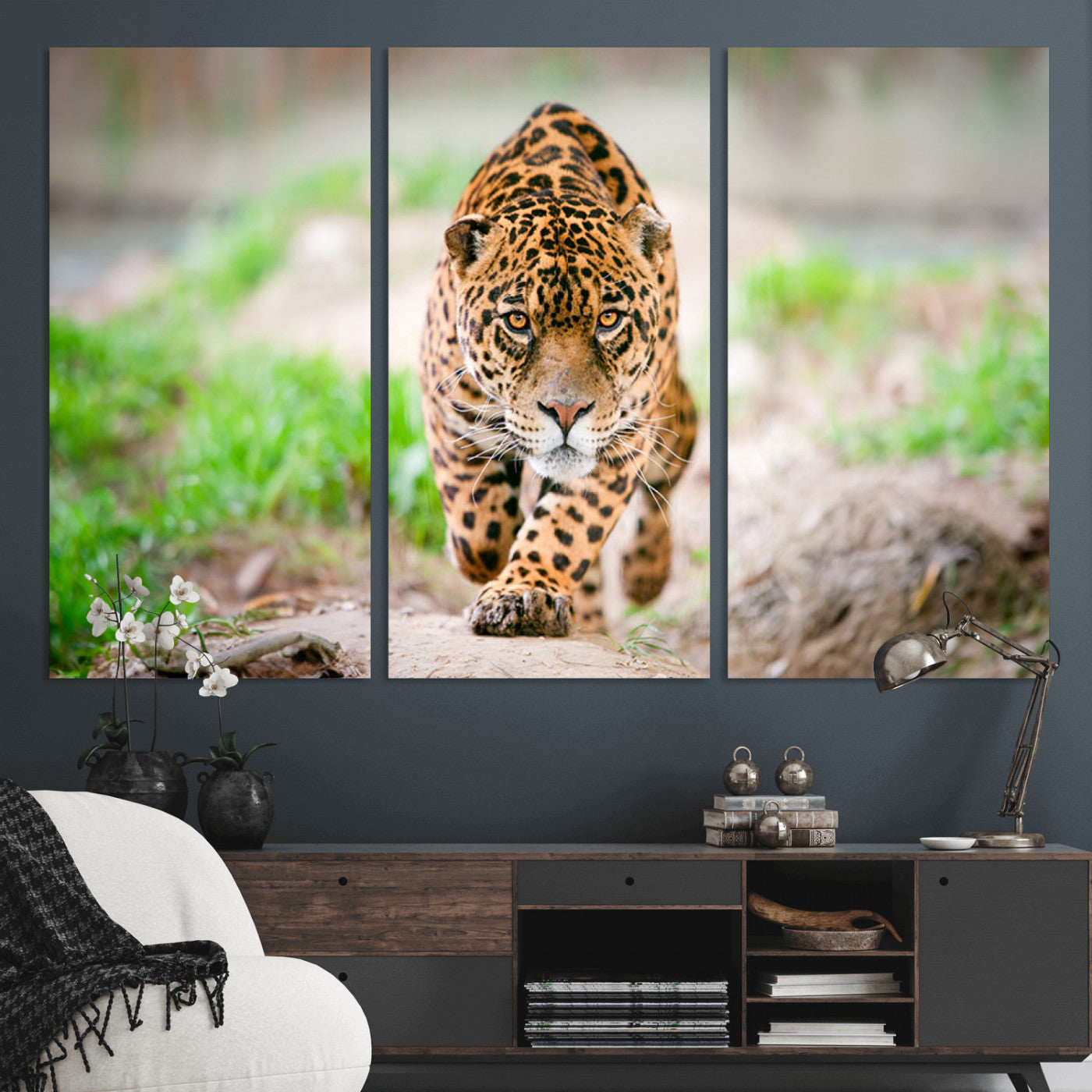 MGV-CV-48X32-3P - Leopard on the Prowl - Stunning Large Framed Canvas Wall Art for Living Room, Bedroom, or Office Décor, Vibrant Wildlife Print, Ready to Hang