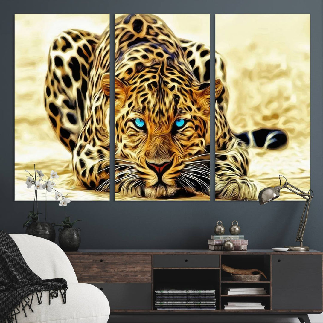 The Blue-Eyed Leopard Canvas Wall Art features a fierce and captivating design, perfect for wildlife enthusiasts. Its bold imagery makes it a striking decor piece, ready to hang.