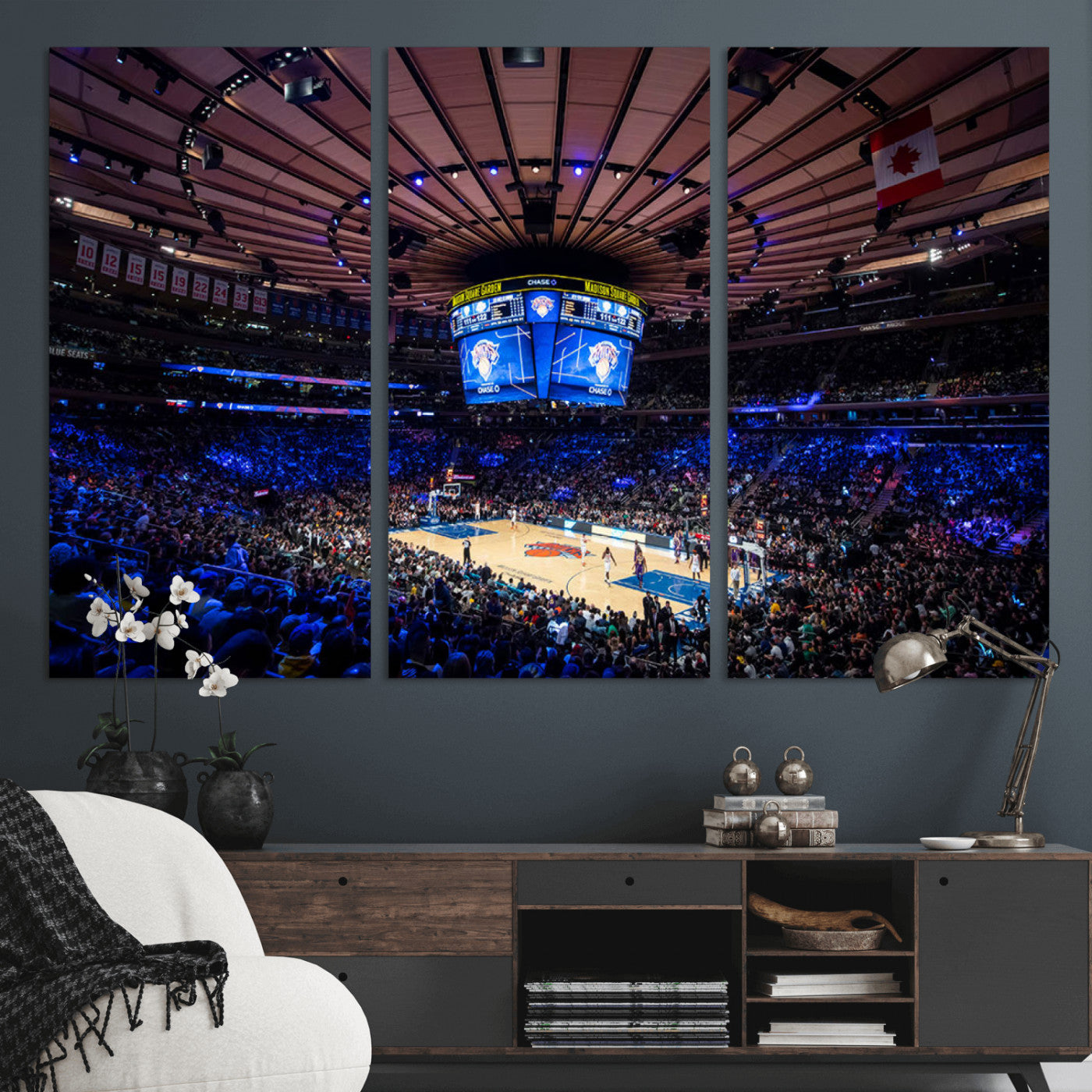 MGV-CV-48X32-3P - Madison Square Garden Basketball Arena Print - Madison Square Garden Basketball Game Triple Canvas Wall Art - NBA Match Atmosphere