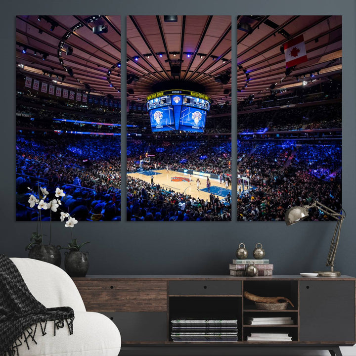 A print depicting an NBA game at Madison Square Garden, highlighting the scoreboard.