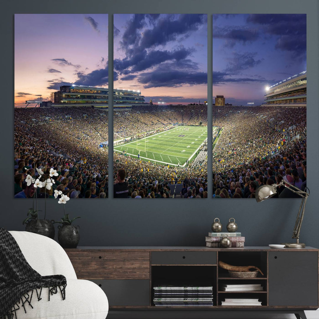 As the sun sets, a stunning backdrop highlights the Notre Dame Fighting Irish Football Team Print.