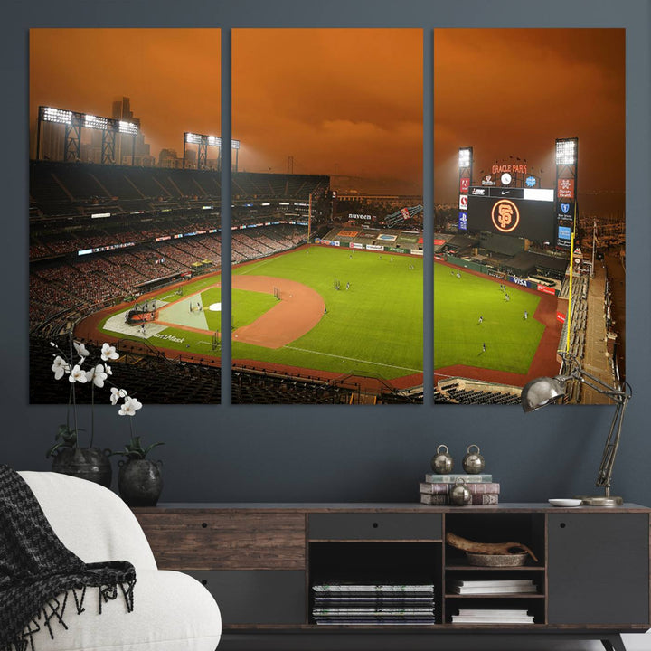 A canvas depicting an Oracle Park game with an orange sky, from SF Giants Stadium Wall Art.